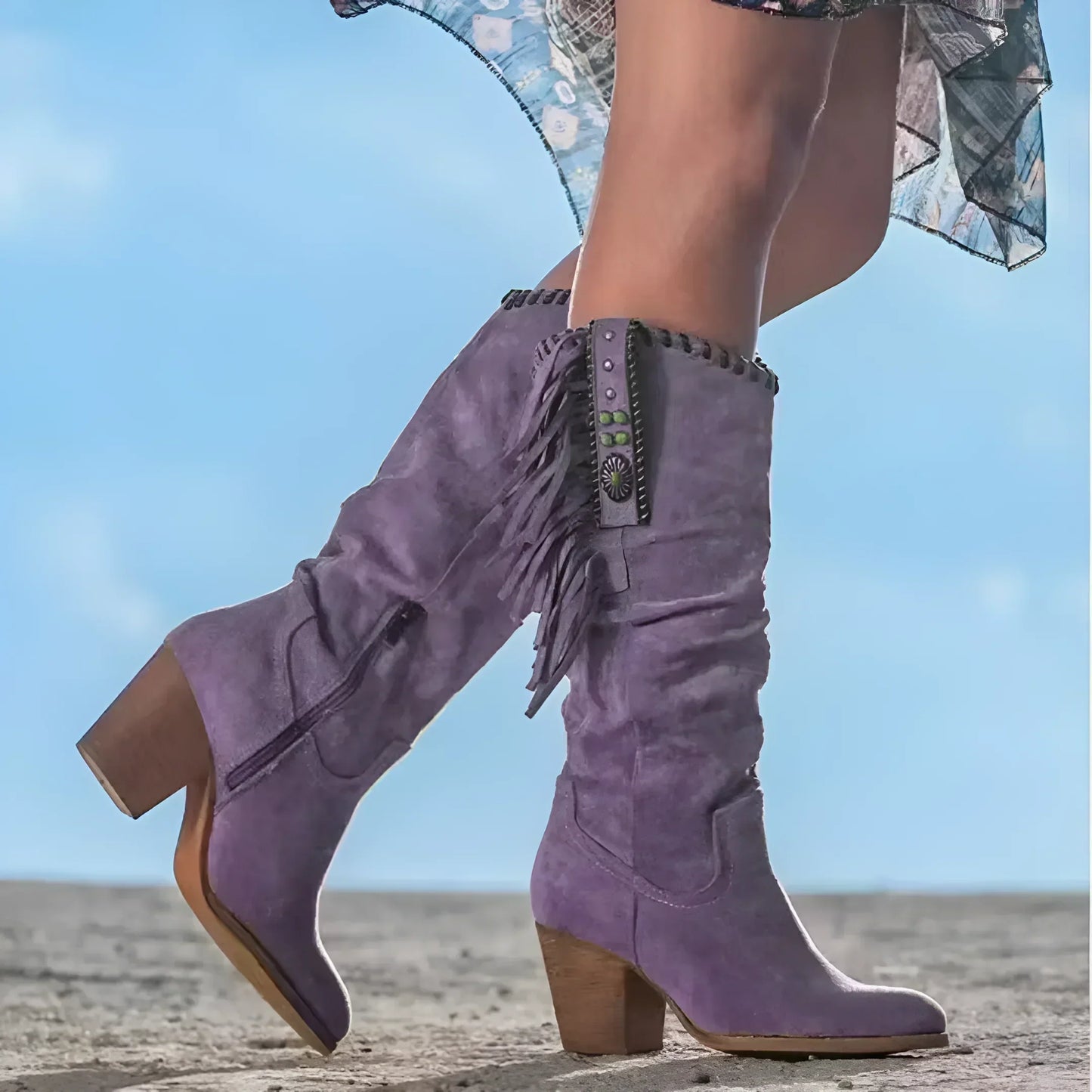 Maddie™ | Stylish genuine leather cowboy boots with fringe details