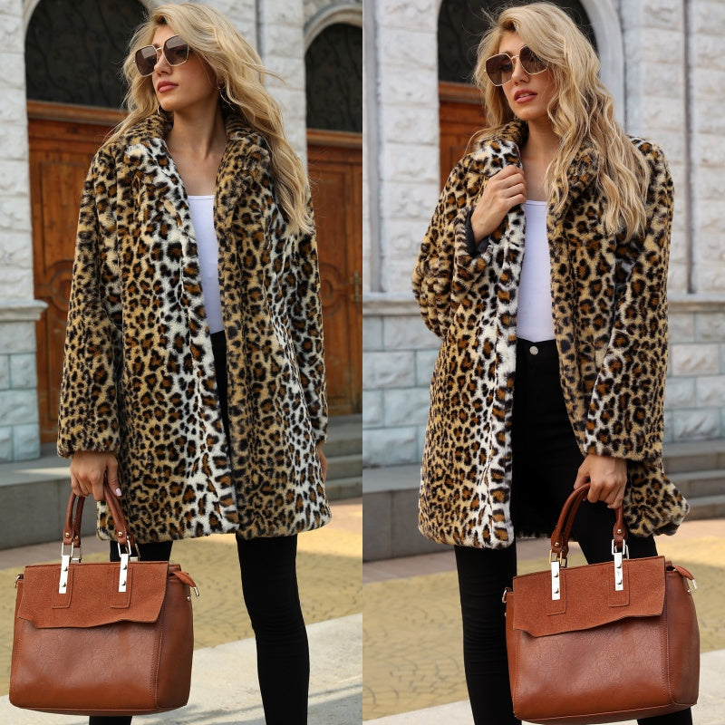 ❄️Winter Specials❄️ Women's Fashion Leopard Print Warm Faux Fur Mid-Length Coat