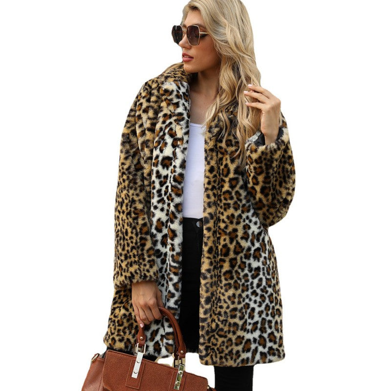 ❄️Winter Specials❄️ Women's Fashion Leopard Print Warm Faux Fur Mid-Length Coat